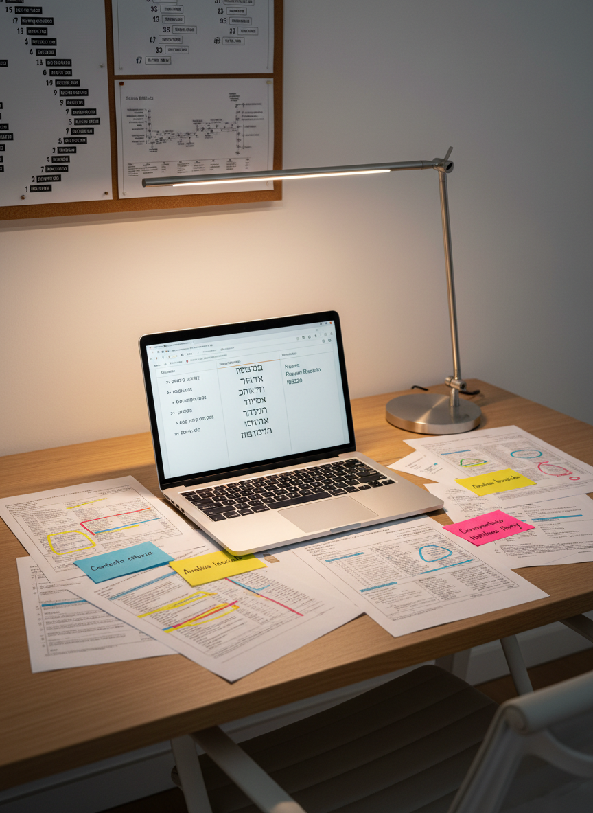 A meticulously organized biblical word study workspace photographed from a slightly elevated angle: an open laptop displaying Greek and Hebrew text alongside the Italian Nuova Riveduta IRB20, surrounded by printed lexicon pages with highlighted etymologies. Colored sticky notes label sections like “Contesto storico,” “Analisi lessicale,” and “Commentario Matthew Henry.” A slim metal reading lamp casts warm, focused light onto the center of the desk, while the edges fade softly into shadow. A clean white wall in the background features a minimal corkboard with pinned Bible book charts and timelines. Photographic realism, modern and professional aesthetic, with a balanced composition that emphasizes clarity, order, and the serious, analytical nature of biblical research.