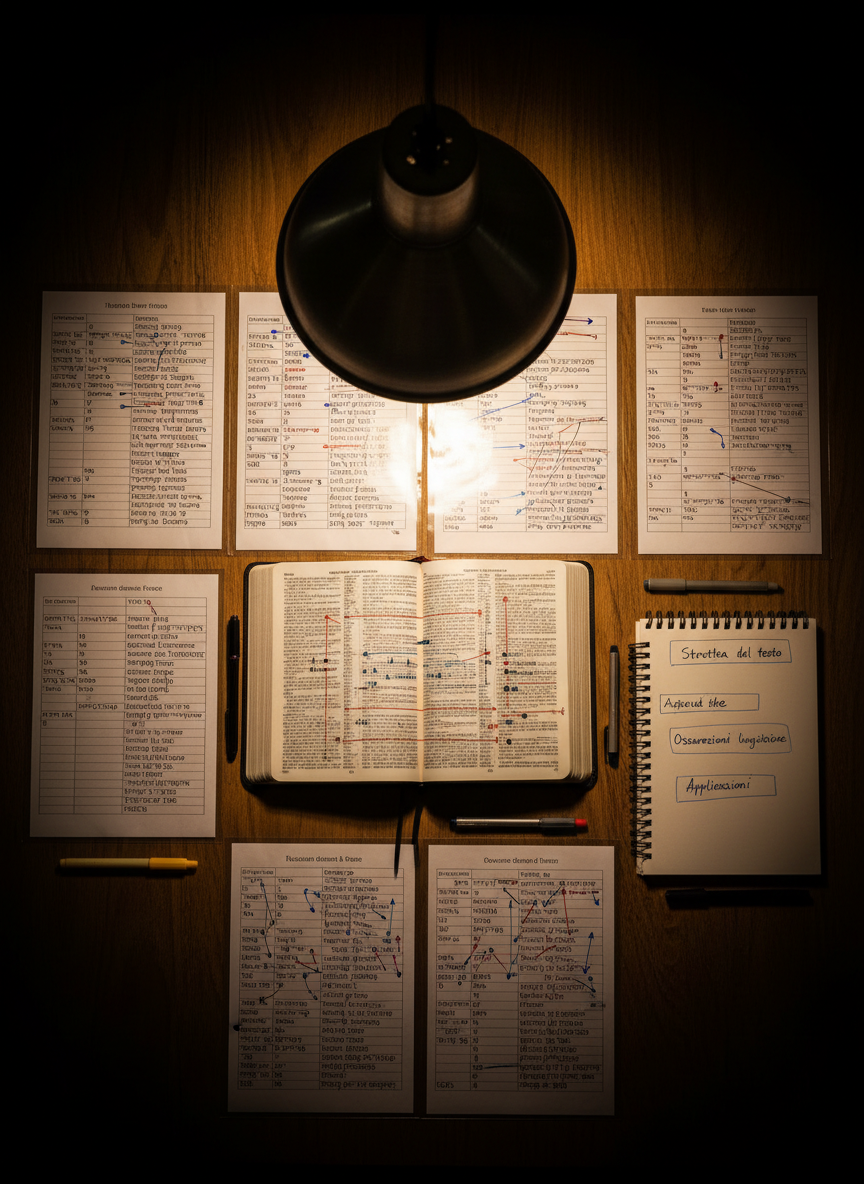 A high-resolution, cinematic-style photograph of a large wooden table covered with a structured layout for a Bible passage analysis: an open Bible Nuova Riveduta IRB20 at the center, surrounded by printed interlinear texts, side-by-side Greek and Hebrew columns, and a spiral-bound notebook divided into sections labeled “Struttura del testo,” “Osservazioni linguistiche,” and “Applicazioni.” Colored arrows and fine lines drawn in pen connect individual Italian words to their original-language counterparts on transparent overlay sheets. Overhead, a single pendant lamp casts warm, focused light that pools on the central pages, while the outer edges fall into softer darkness. Shot from directly above with sharp focus throughout, the image feels rigorous, methodical, and deeply focused on detailed biblical analysis.