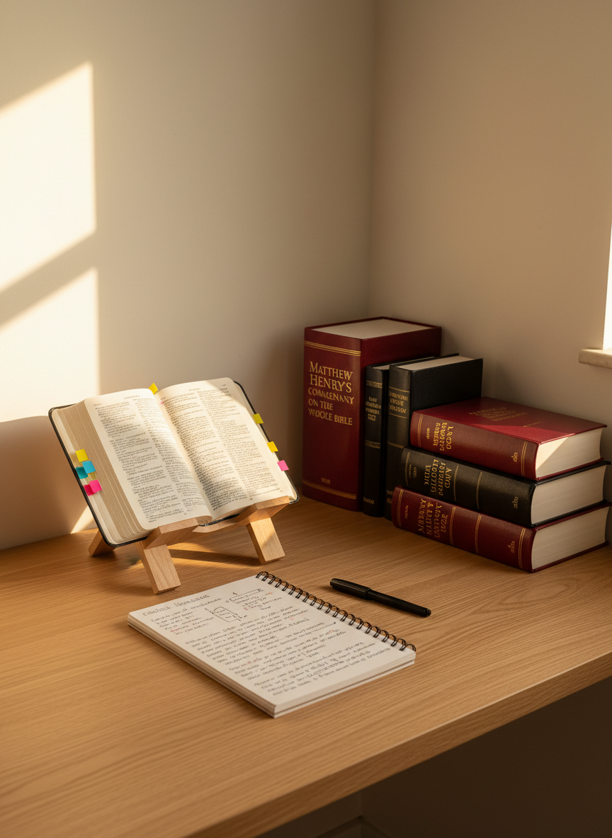 A serene study corner dedicated to biblical exegesis: a sturdy light-wood desk pushed against a pale wall, with neatly stacked commentaries including a prominently placed Matthew Henry volume, its spine clearly legible. An open Bible Nuova Riveduta IRB20 rests on a wooden bookstand, angled comfortably, with small adhesive flags marking key theological sections. Beside it, a notebook displays careful Italian annotations on word roots and historical context. Natural afternoon light enters from the left, creating a gentle gradient of brightness across the desk and subtle reflections on the glossy covers. Photographic realism, eye-level composition, with a quiet, contemplative mood and a professional, orderly aesthetic that evokes long, focused sessions of analytical Bible study.