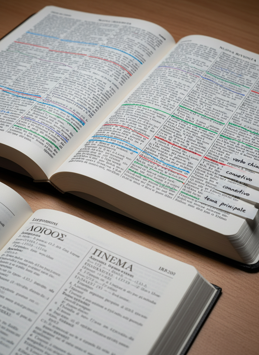 A detailed close-up of a two-page Bible spread where a complex passage is visually dissected: in the Nuova Riveduta IRB20 text, fine colored underlines group verbs, nouns, and key theological terms, while slim sticky flags labeled in Italian—“verbo chiave,” “connettivo,” “tema principale”—protrude from the page edges. A small, open Greek lexicon lies partially in frame, its bold headwords and phonetic notations clearly visible. Cool, neutral desk lighting from above renders the paper texture and ink contrast with clinical clarity. Photographic realism, shot from a slightly elevated diagonal angle with medium depth of field so that every intentional mark and label is legible, conveying disciplined, methodical analysis suitable for an educational biblical site.