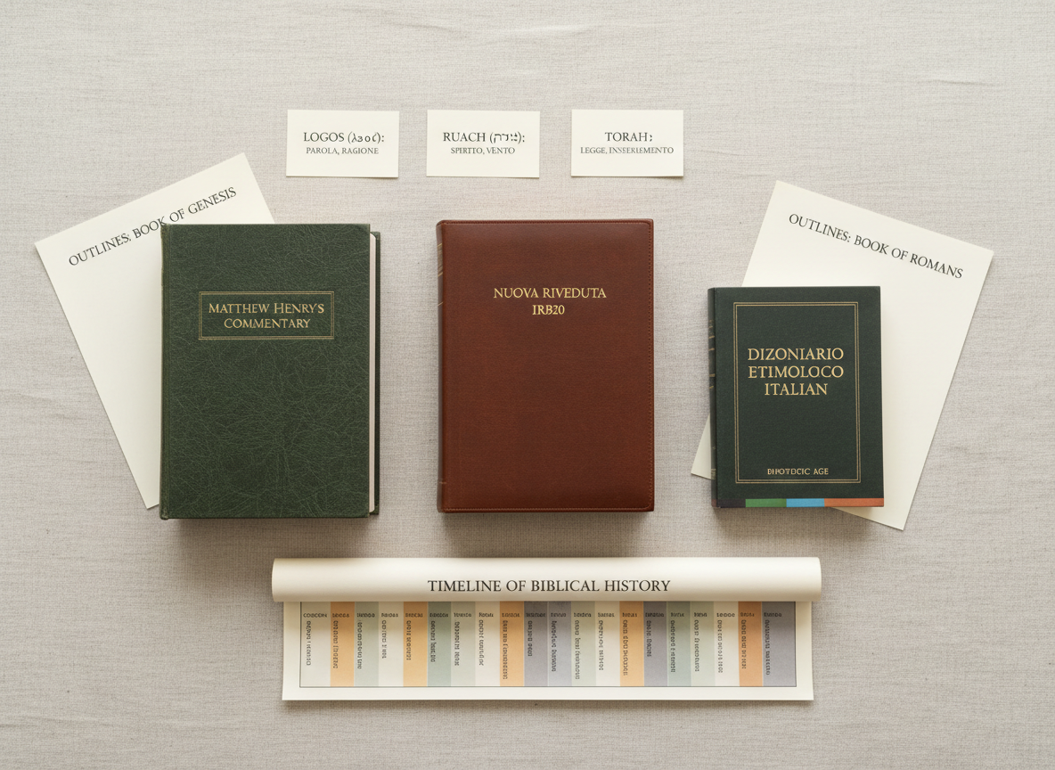 An elegant flat-lay composition of analytical Bible study tools arranged on a light linen surface: a closed brown leather-bound Bible Nuova Riveduta IRB20 centered, flanked by a thick Matthew Henry commentary with a textured, embossed cover and a compact Italian etymological dictionary with color-coded page edges. Around them lie printed Bible book outlines, a timeline of biblical history in muted tones, and small index cards labeled with Greek and Hebrew key terms and their Italian explanations. Soft, diffused overcast light from above eliminates harsh shadows, creating an even, gentle illumination. Photographic realism with a clean, minimalist yet scholarly atmosphere, emphasizing order, clarity, and the professional character of a site dedicated to analytical exploration of Scripture with historical and linguistic depth.
