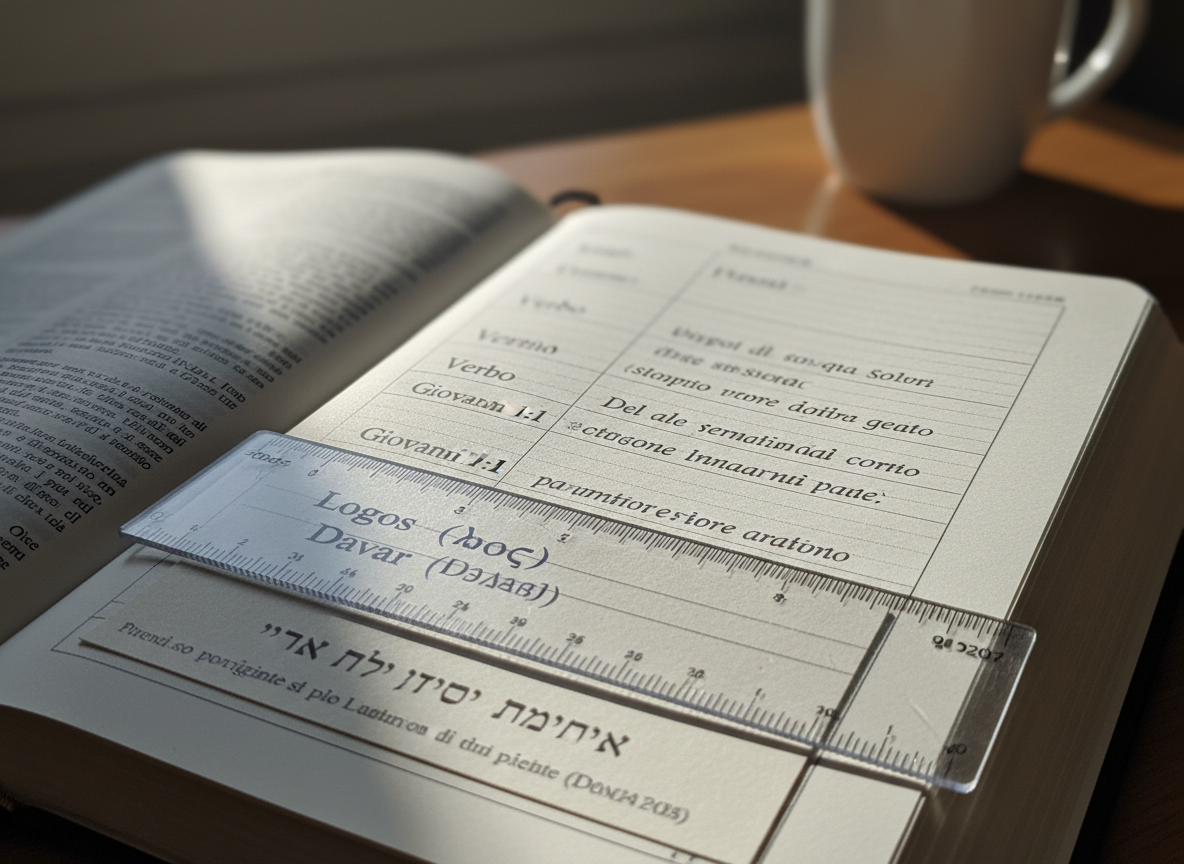 A close-up, photographic image of an open Bible Nuova Riveduta IRB20 where a single verse is underlined in fine blue ink, and beside it a narrow column notebook shows neatly written Italian notes on etymology and original-language meanings. A small, transparent ruler lies across the margin, aligning specific words with their corresponding Greek and Hebrew roots printed on a separate reference card. Cool daylight from a nearby window falls diagonally across the scene, illuminating the ink’s subtle sheen and casting gentle shadows from the paper’s slight waviness. Shot at a low, oblique angle with shallow depth of field, the verse and notes are in razor-sharp focus, while the rest of the page and desk dissolve into a soft, contemplative blur, conveying precision, reflection, and professional scholarship.